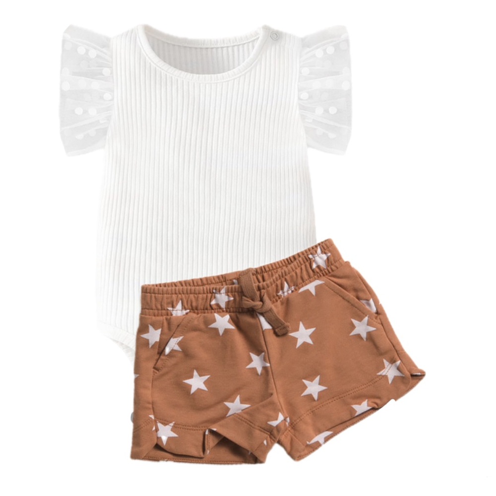 White Ruffled Sleeve Ribbed Top with Brown Star Spangled Shorts MILES THE LABEL